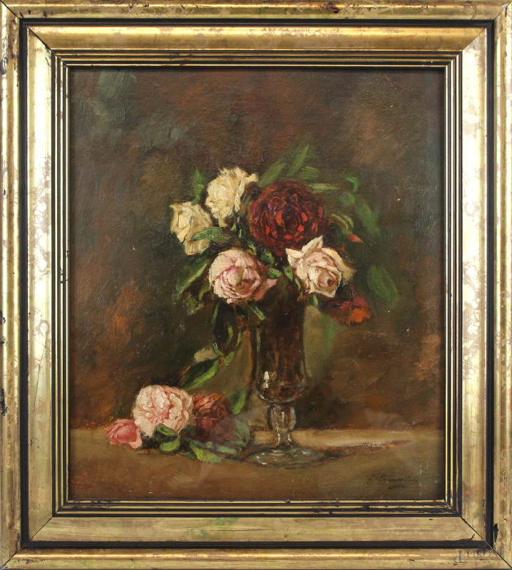 Vaso di fiori, olio su cartone telato, cm 41x36, firmato, entro cornice.  - Asta ANTIQUARIATO E ARTE MODERNA - Aste Pirone