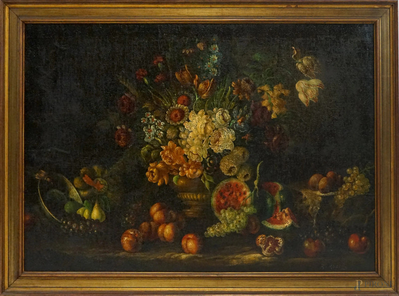 Natura morta, fiori e frutta, olio su tela, cm 100x139, firmato, entro cornice  - Asta II TORNATA DI ASTA DI ARTE MODERNA E ANTIQUARIATO - Aste Pirone