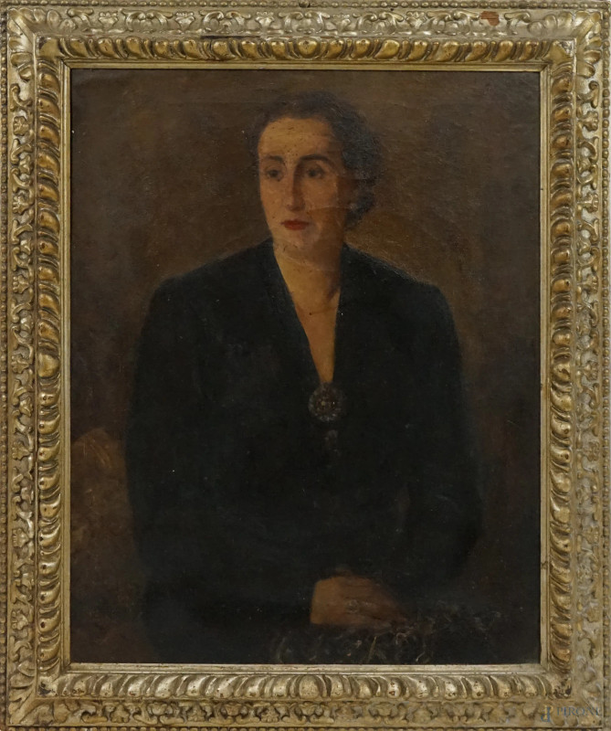 Ritratto di donna, olio su tela, cm 87,5x68,5, firmato e datato, entro cornice.  - Asta ASTA A TEMPO DI ANTIQUARIATO E ARTE MODERNA - Aste Pirone