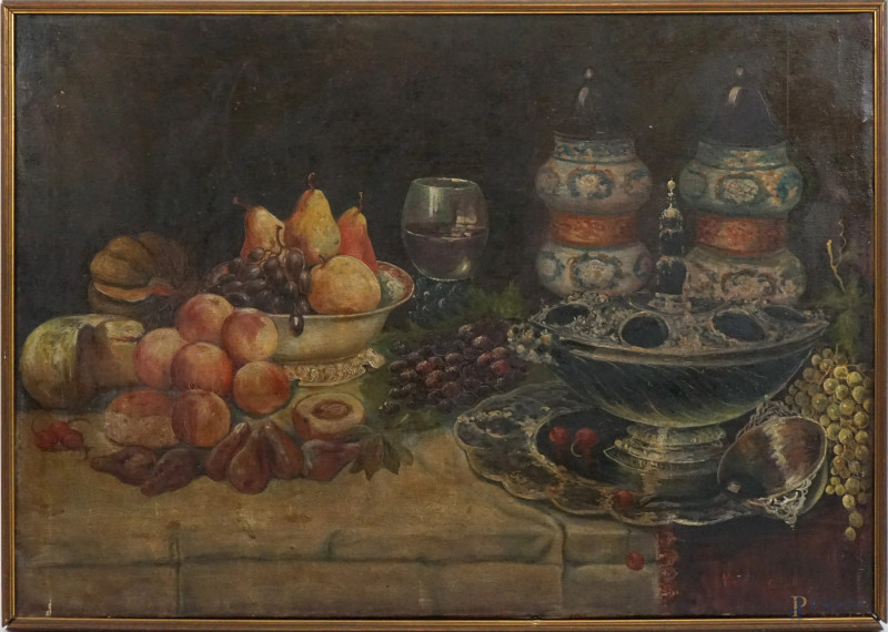 Tavola imbandita, olio su tela, cm 70,5x100, firmato, entro cornice, (lievi difetti)  - Asta ASTA DI ANTIQUARIATO E ARTE MODERNA - Aste Pirone