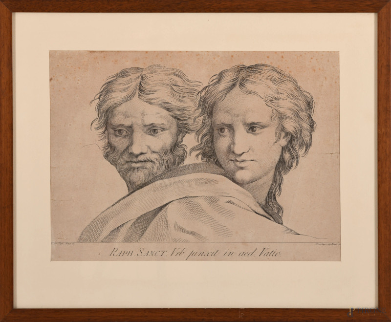Incisione da Raffaello Sanzio, XX secolo, cm 44x54 compreso passepartout entro cornice, (gore e piegature)  - Asta ASTA A TEMPO | IMAGO - Aste Pirone