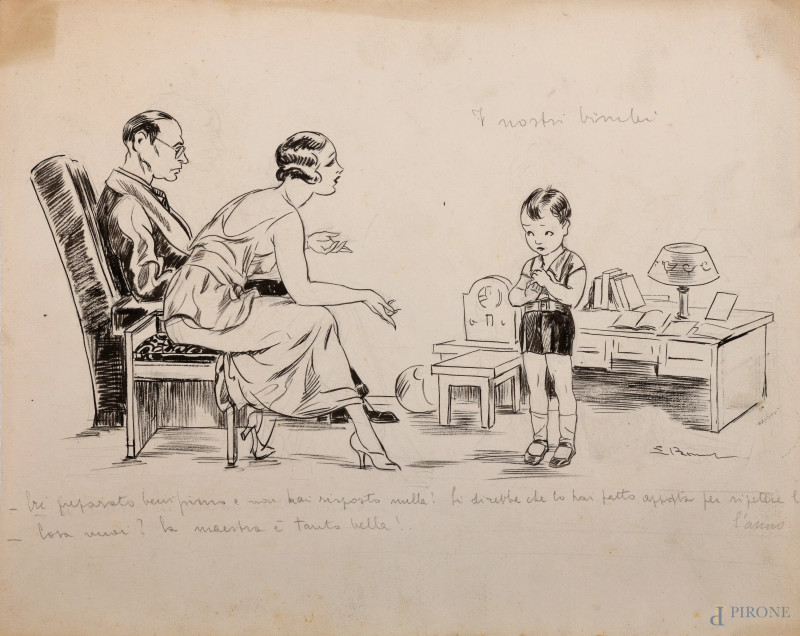Luigi Bompard (1879 - 1953), I nostri bimbi, inchiostro su carta, firmato in basso a destra, cm 30x37 (lievi segni di usura del tempo)  - Asta ASTA A TEMPO | VARIÆ - Aste Pirone