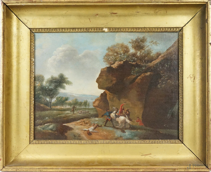 Pittore Francese, fine XVIII - inizio XIX Secolo, Paesaggio con briganti, olio su cartone telato, cm 28x38, entro cornice  - Asta I TORNATA DI ASTA A TEMPO DI ARTE MODERNA E ANTIQUARIATO - Aste Pirone