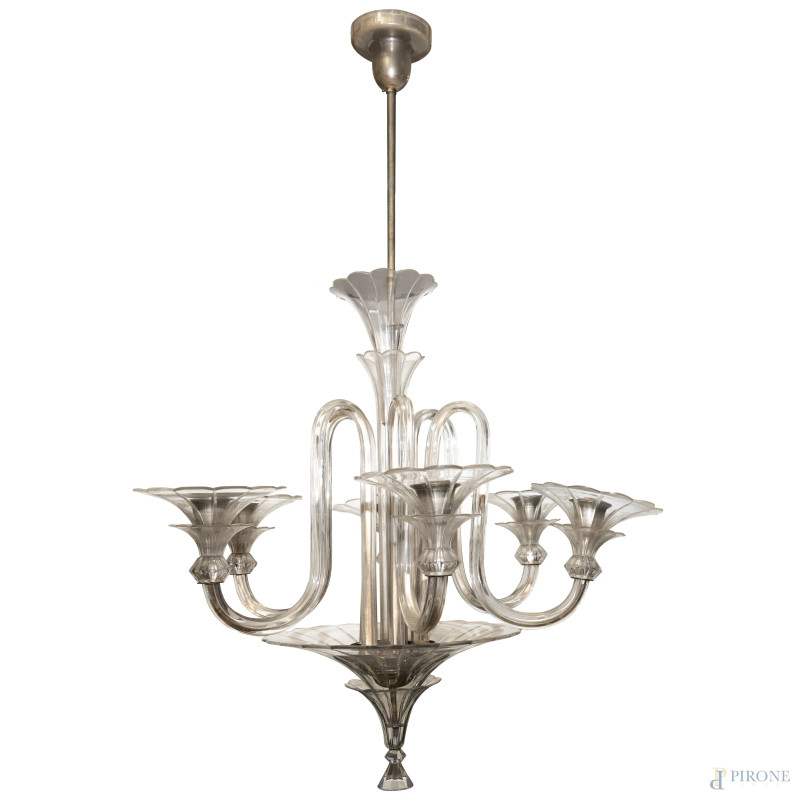 Lampadario in cristallo stile Barovier a sei luci, XX secolo, altezza cm 128x80 circa (segni di usura, da revisionare)  - Asta RAPIDA SOLIS - Aste Pirone