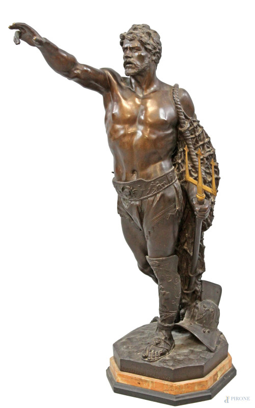 Ave Caesar morituri te salutant, scultura in bronzo a patina scura, cm h 66,5, su base in marmo, (forcone da saldare)  - Asta Antiquariato , Arte Moderna e Libri Antichi - Aste Pirone