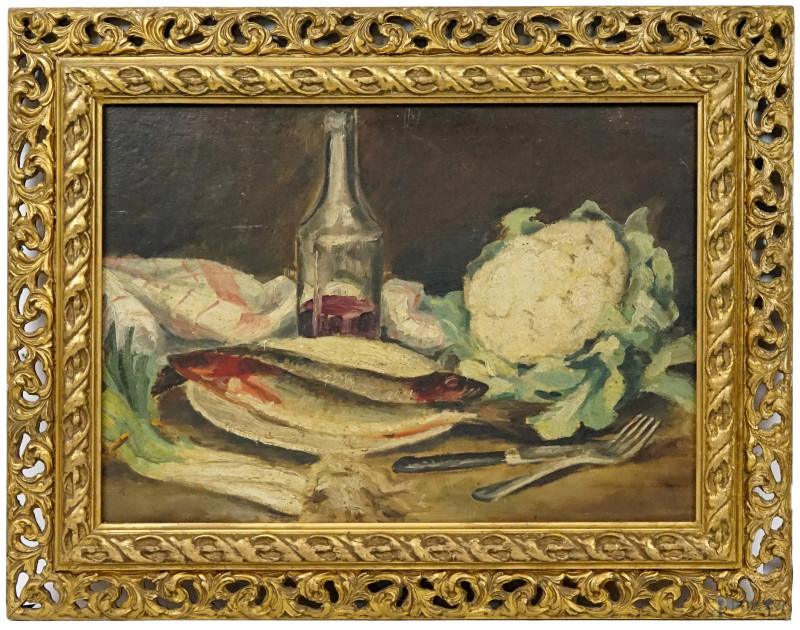 Natura morta - Aringhe e cavolfiore, olio su tela, cm 33x46, XX secolo, entro cornice, (lievi difetti).  - Asta ASTA A TEMPO DI ANTIQUARIATO E ARTE MODERNA - Aste Pirone