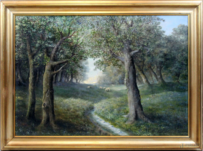 Campagna romana, olio su tela, cm 70x100,5, firmato, entro cornice  - Asta Asta a Tempo di Antiquariato e Arte Moderna - Aste Pirone