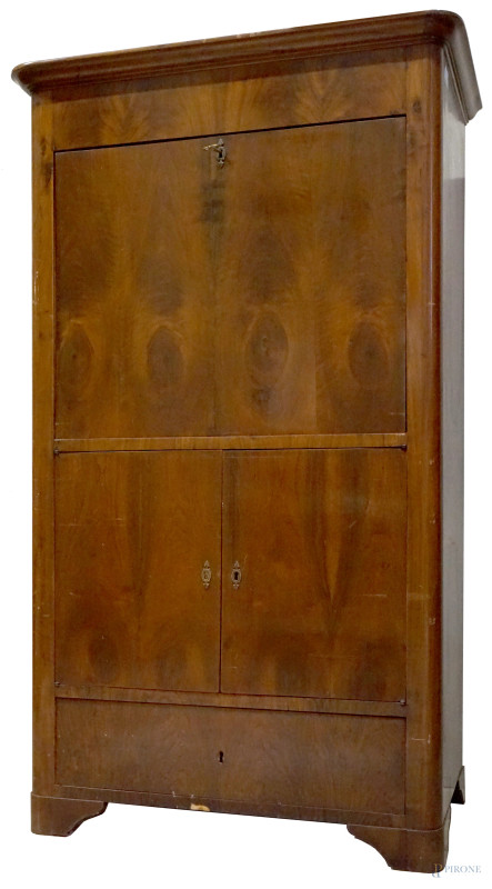 Secretaire in legno impiallacciato, XIX secolo, fronte con sportello a ribalta, due ante ed un cassetto sottostante, cm h 157x90x50,5, (difetti)  - Asta ASTA A TEMPO DI ANTIQUARIATO E ARTE MODERNA - Aste Pirone