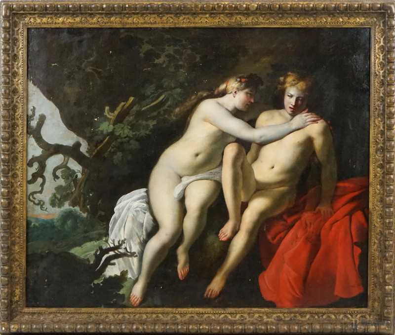 Pittore olandese del XVII secolo, Venere e Adone, olio su tela, cm 96x117, entro cornice, (lievi difetti).  - Asta ASTA DI ANTIQUARIATO - Aste Pirone