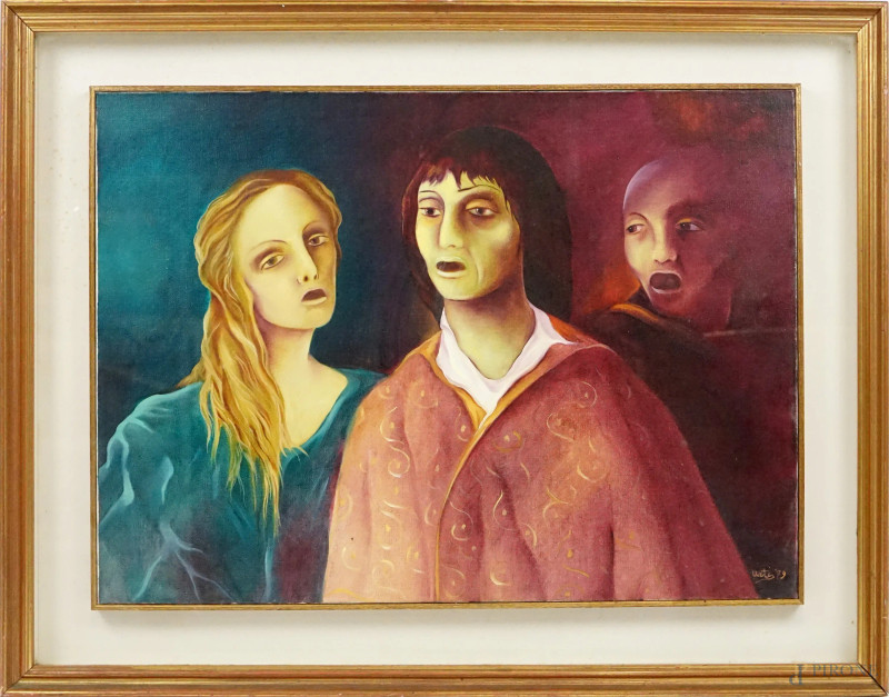 Franco Urtis : Cantori, olio su tela, cm 51x71, entro cornice, con allegata autentica su fotografia  - Asta ASTA DI ARTE MODERNA, CONTEMPORANEA E VINTAGE - Aste Pirone