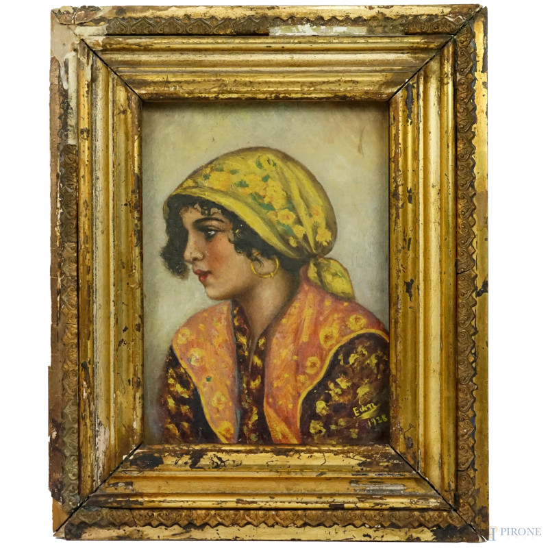 Ritratto di popolana, olio su carta, cm 22,5x16,5, siglato e datato 1928, entro cornice, (difetti)  - Asta ASTA A TEMPO DI ANTIQUARIATO E ARTE MODERNA – DUE SESSIONI - Aste Pirone