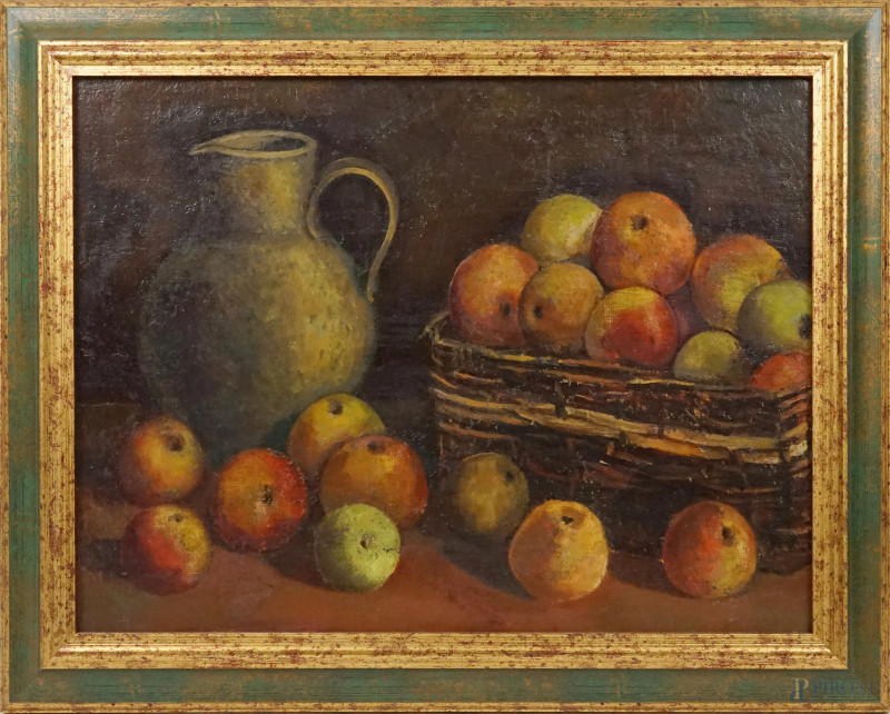 Natura morta - Brocca e cesta di mele, olio su tela applicata su cartone, cm 31x40,5, inizi XX secolo, entro cornice.  - Asta ASTA A TEMPO DI ANTIQUARIATO E ARTE MODERNA - Aste Pirone