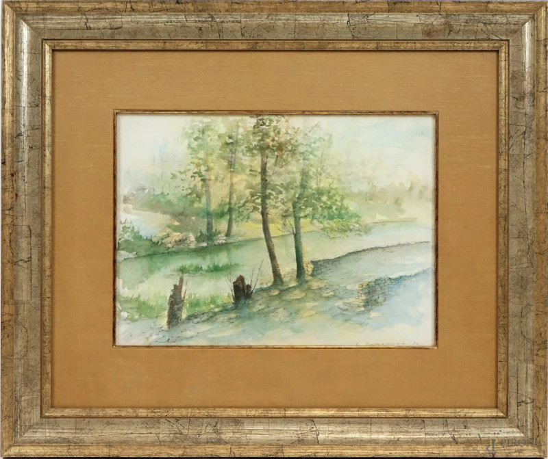 Paesaggio fluviale, acquarello su carta, cm 26,5x36,5, firmato e datato R.Borzacca '80, entro cornice.  - Asta II TORNATA DI ASTA DI ARTE MODERNA E ANTIQUARIATO - Aste Pirone