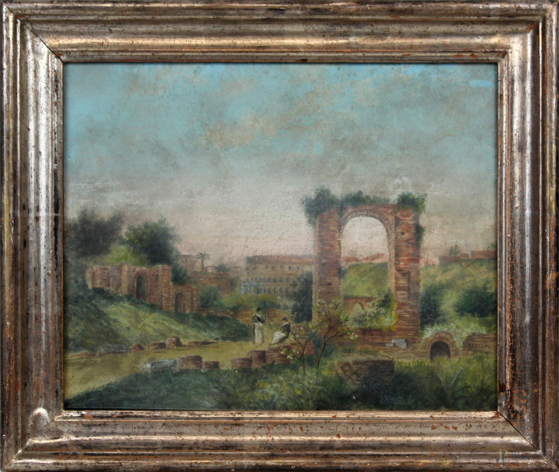 Capriccio con rovine e figure, acquarello su carta, cm 33x40, firmato, entro cornice.  - Asta ANTIQUARIATO E ARTE MODERNA - Aste Pirone