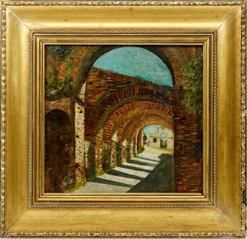 Archi del Clivo di Scauro, olio su tela applicata su cartone, cm 32x33, firmato, entro cornice.  - Asta ASTA A TEMPO DI ANTIQUARIATO E ARTE MODERNA - Aste Pirone