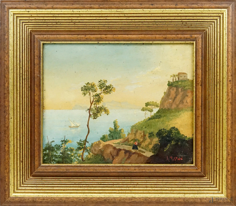 Veduta costiera, olio su cartone, cm 25x33, firmato, entro cornice.  - Asta ASTA A TEMPO DI ANTIQUARIATO E ARTE MODERNA - Aste Pirone