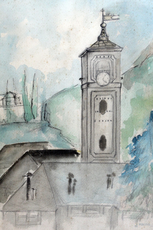 Campanile, tecnica mista su cartoncino, cm 58,5x42, firmato, entro cornice.  - Asta Asta a Tempo di Antiquariato e Arte Moderna - Aste Pirone