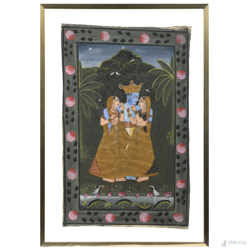 Batik, XX secolo, tempera su tessuto, cm 74x48, entro cornice, (segni di usura e piccole cadute di colore)  - Asta ASTA A TEMPO | VARIÆ - Aste Pirone