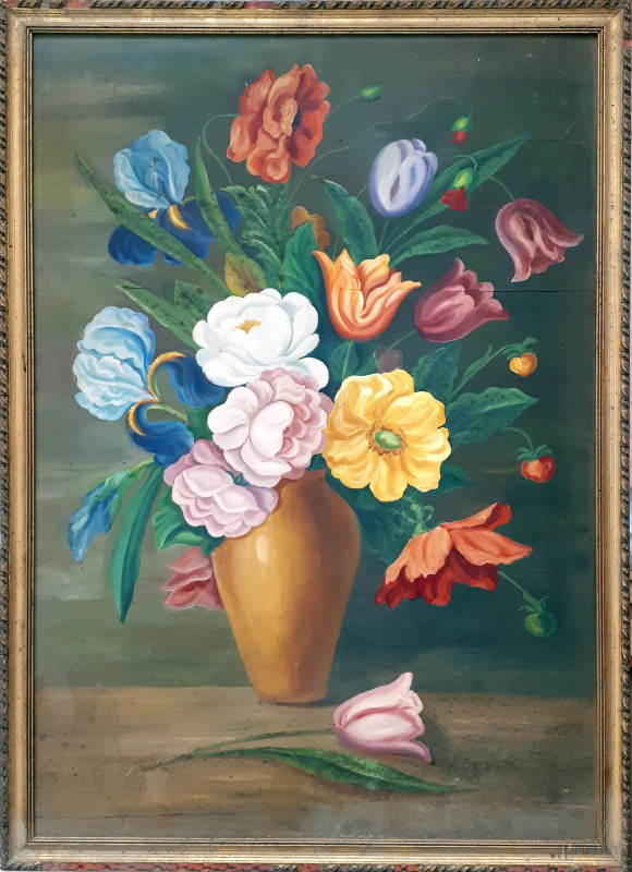 Artista del Novecento, Vaso con fiori, 1949, olio su legno, cm 70x49, con cornice  - Asta PRIMA TORNATA D' ASTA A TEMPO DI FINE STAGIONE - Aste Pirone