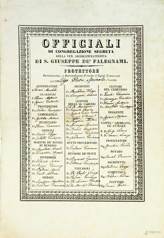 Officiali di Congregazione segreta di S.Giuseppe de Falegnami, cm 40x27,5, (difetti)  - Asta ASTA A TEMPO DI ANTIQUARIATO E ARTE MODERNA – DUE SESSIONI - Aste Pirone