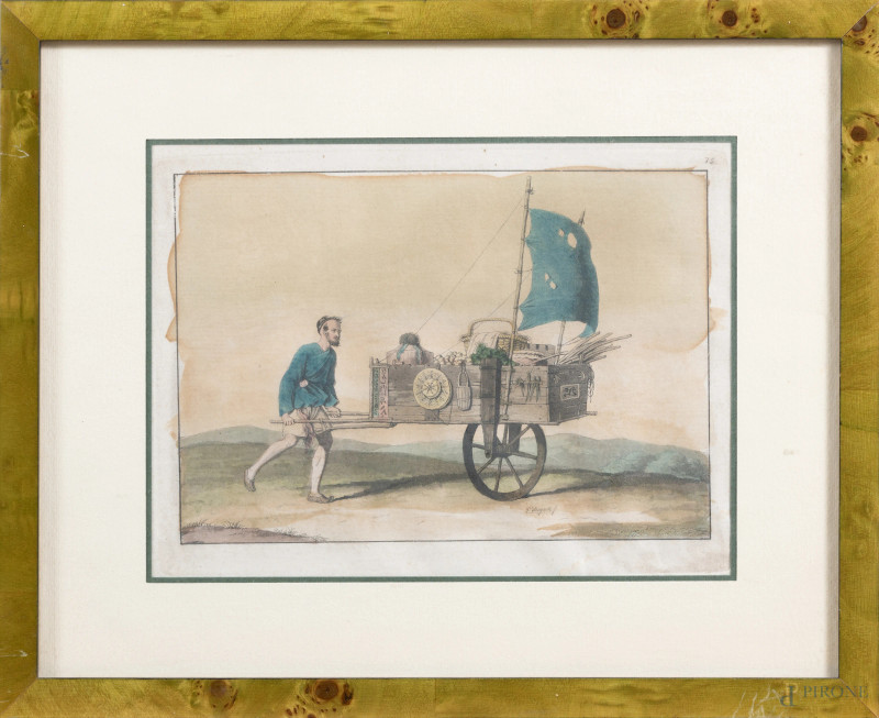 Il mercante, stampa su carta, XIX-XX secolo, cm 23x29, compreso passepartout, entro cornice, (segni di usura, tracce di umidità, ondulazioni della carta, difetti)  - Asta RAPIDA SOLIS - Aste Pirone