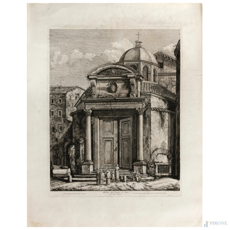 Luigi Rossini, (1790 – 1857) Veduta dell'Tempio di Remo a Roma nel Foro Romano, acquaforte, foglio cm 64x50 (segni di usura, piegature, foxing, piccole lacerazioni, tracce di umidità)  - Asta ASTA A TEMPO | PICTA MANENT - Aste Pirone