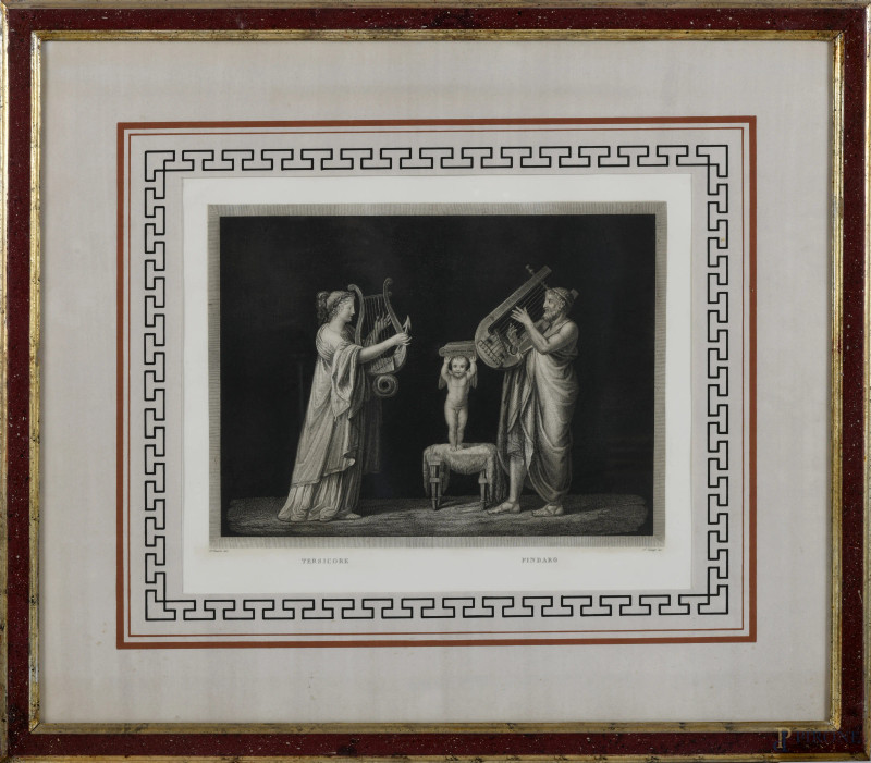 Tersicore e Pindaro, XX secolo, stampa, cm 59x68 compreso passepartout, entro cornice  - Asta ASTA A TEMPO | VARIÆ - Aste Pirone