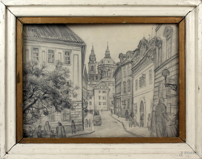 Praha, snemovni ulice na malé strane, matita su carta, 33,5x44,5, firmato e datato, entro cornice.  - Asta Asta a Tempo di Antiquariato e Arte Moderna - Aste Pirone