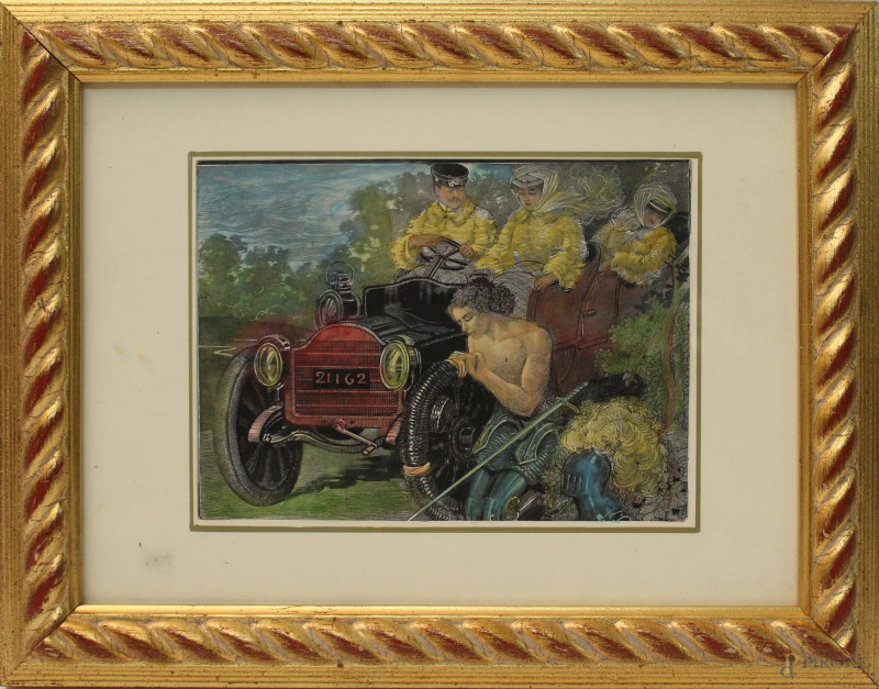 Automobile con figure, xilografia colorata, cm 15x20, entro cornice.  - Asta PRIMA TORNATA D' ASTA A TEMPO DI FINE STAGIONE - Aste Pirone