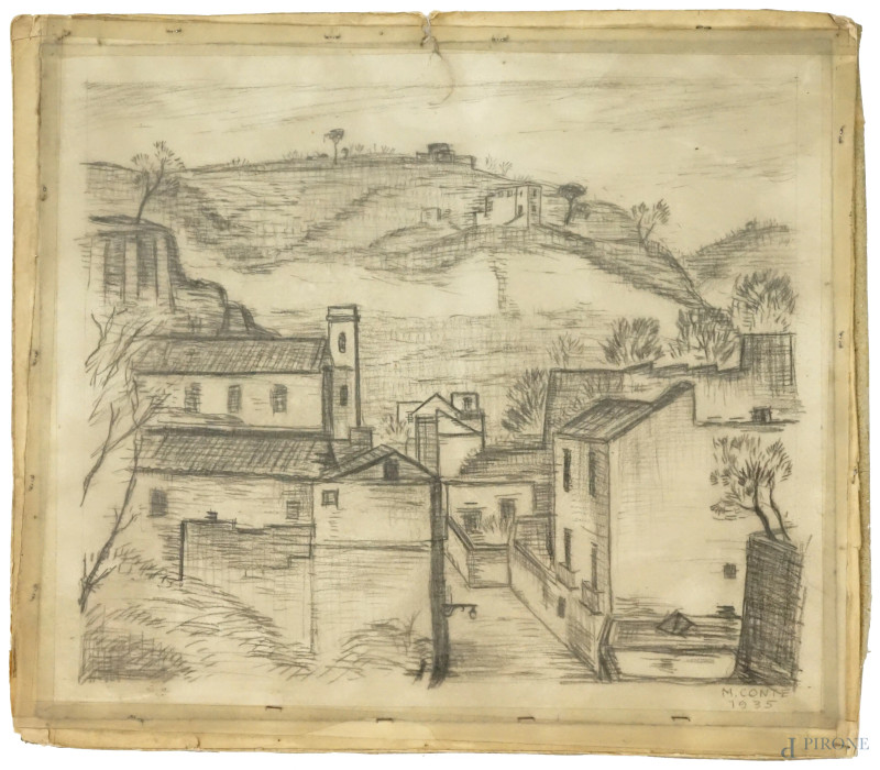 Borgo, matita su carta, cm 31x35, firmato e datato M.Conte 1935, (lievi difetti).  - Asta ASTA A TEMPO DI ANTIQUARIATO E ARTE MODERNA - Aste Pirone