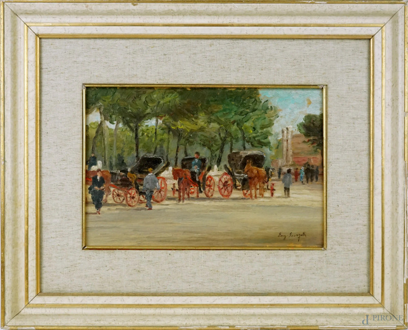 Piazza con carrozze, olio su compensato, cm 22x33, firmato, entro cornice.  - Asta ASTA DI ANTIQUARIATO E ARTE MODERNA - Aste Pirone