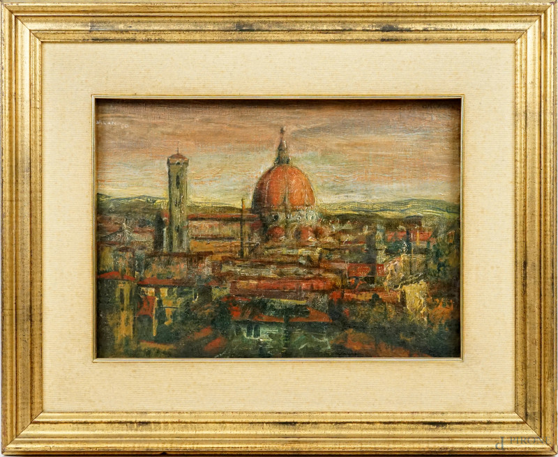 Tetti di Firenze, olio su tela, cm 27,5x28, firmato e datato in alto a sinistra, entro cornice.  - Asta ASTA A TEMPO DI ANTIQUARIATO E ARTE MODERNA - Aste Pirone