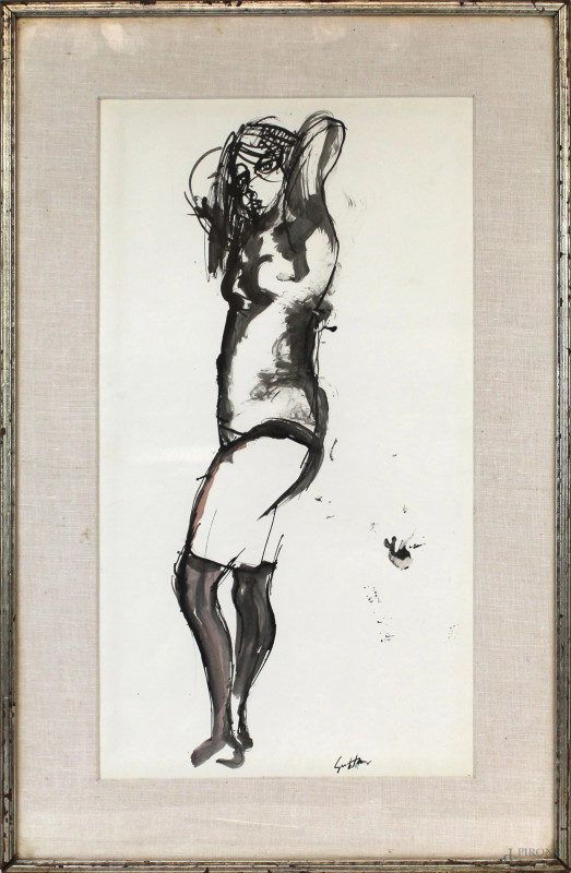 Figura di donna, tecnica mista su carta, cm 50x27, firmata Guttuso, entro cornice, (priva di autentica).  - Asta SECONDA TORNATA D' ASTA A TEMPO DI FINE STAGIONE - Aste Pirone