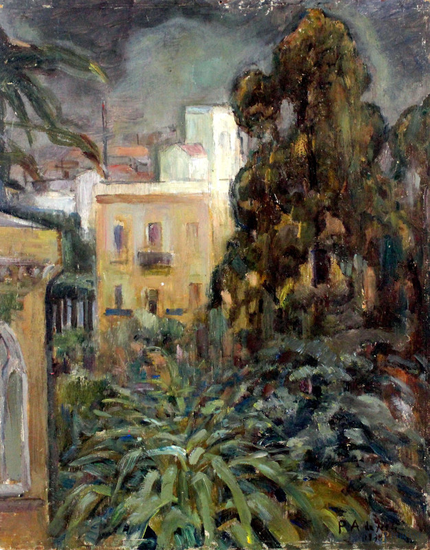 Viale di campagna e Scorcio di paesaggio urbano, olio su tavola, cm 64,5x42,5, dipinto double face, XX secolo, (difetti).  - Asta ASTA A TEMPO di Arte Moderna e Antiquariato - Aste Pirone