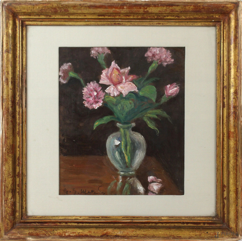 Vaso con fiori, olio su compensato, cm 24x20, firmato G.S.Matteoda, entro cornice.  - Asta Asta a Tempo di Antiquariato e Arte Moderna - Aste Pirone