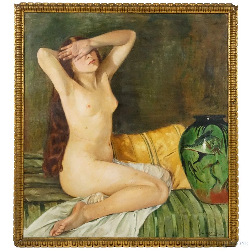 Tina De Strobel : Nudo di donna, olio su tela, cm 96x86, entro cornice  - Asta ASTA DI ANTIQUARIATO - Aste Pirone