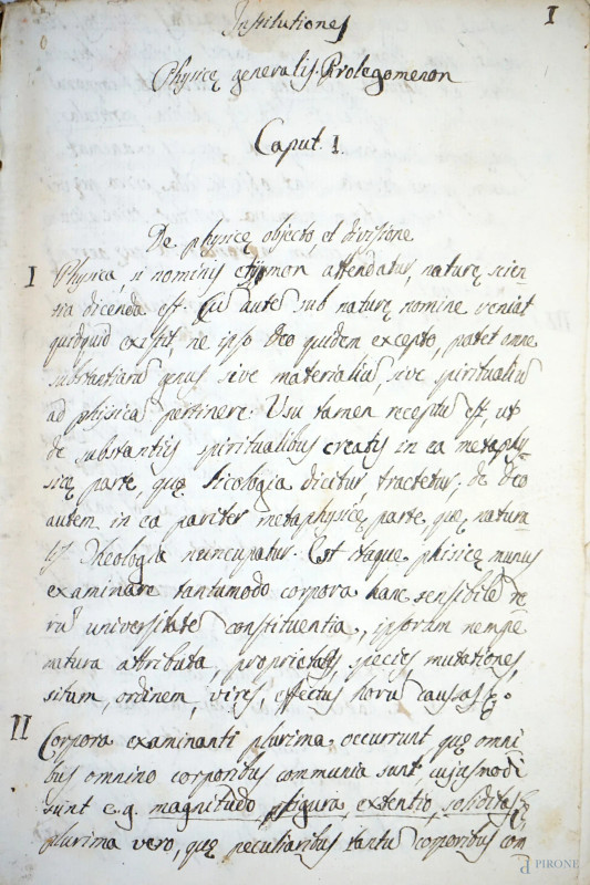 Antico volume manoscritto "Physicae Instituziones generalis" contenente appunti e disegni, (difetti e macchie)  - Asta ASTA A TEMPO - Aste Pirone