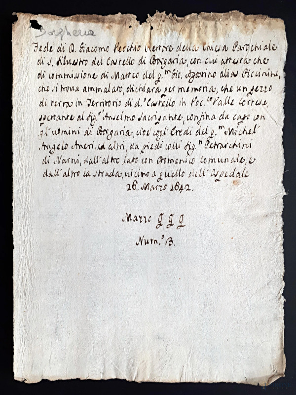 Antico raro manoscritto umbro del 1642 scampato a incendio, vergato a penna d’oca e inchiostro di galla su carta vergellata e filigranata  - Asta ASTA DI ARTE MODERNA, CONTEMPORANEA E VINTAGE - Aste Pirone