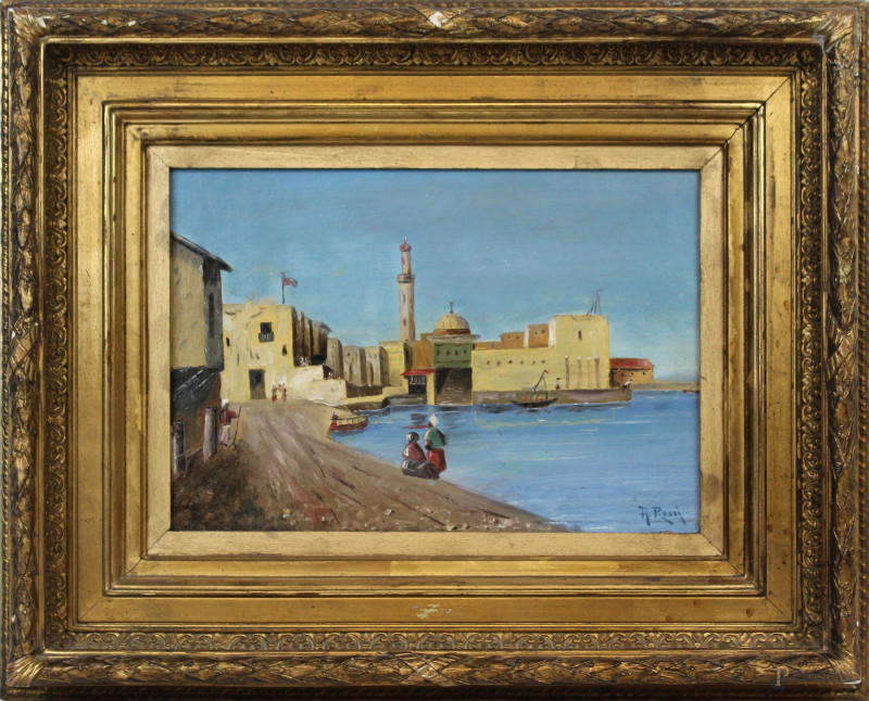 Scorcio di città orientale, olio su tela, cm 22x33, firmato, entro cornice.  - Asta ANTIQUARIATO E ARTE MODERNA - Aste Pirone