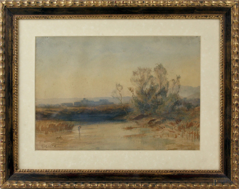 Paesaggio fluviale, acquarello su carta, cm 21x32, firmato, entro cornice, (piccoli difetti).  - Asta Asta a Tempo di Antiquariato e Arte Moderna - Aste Pirone