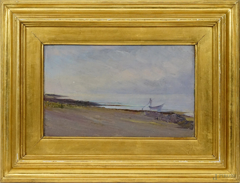 Gaetano Spinelli : Marina con pescatore, olio su cartone, cm 16x26, entro cornice.  - Asta ASTA A TEMPO DI ANTIQUARIATO E ARTE MODERNA - Aste Pirone