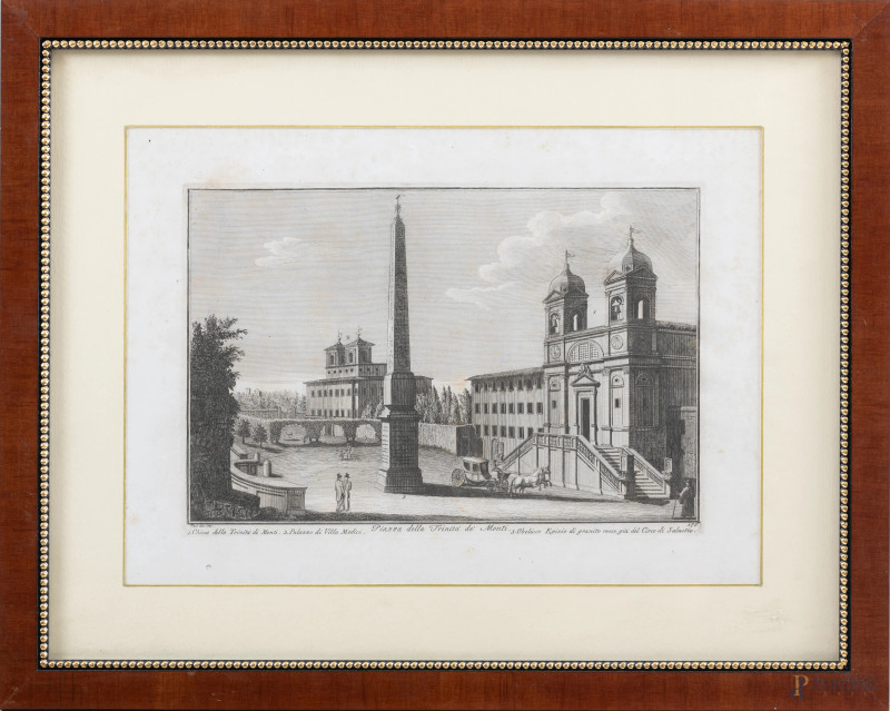 Giuseppe Vasi, Piazza della Trinità dei Monti, incisione tiratura settecentesca, cm 38x49 compreso passepartout, entro cornice, (foxing, tracce di umidità, ondulazioni della carta)  - Asta ASTA A TEMPO | ELECTA - Aste Pirone