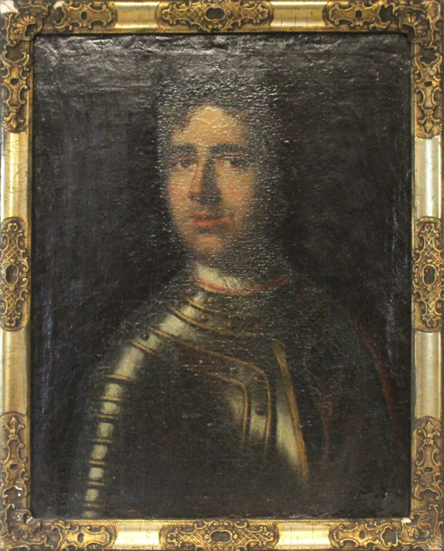 Gentiluomo in armatura, olio su tela riportata su faesite, cm 61x47, XVIII secolo, entro cornice, (lievi difetti).  - Asta SECONDA TORNATA D' ASTA A TEMPO DI FINE STAGIONE - Aste Pirone