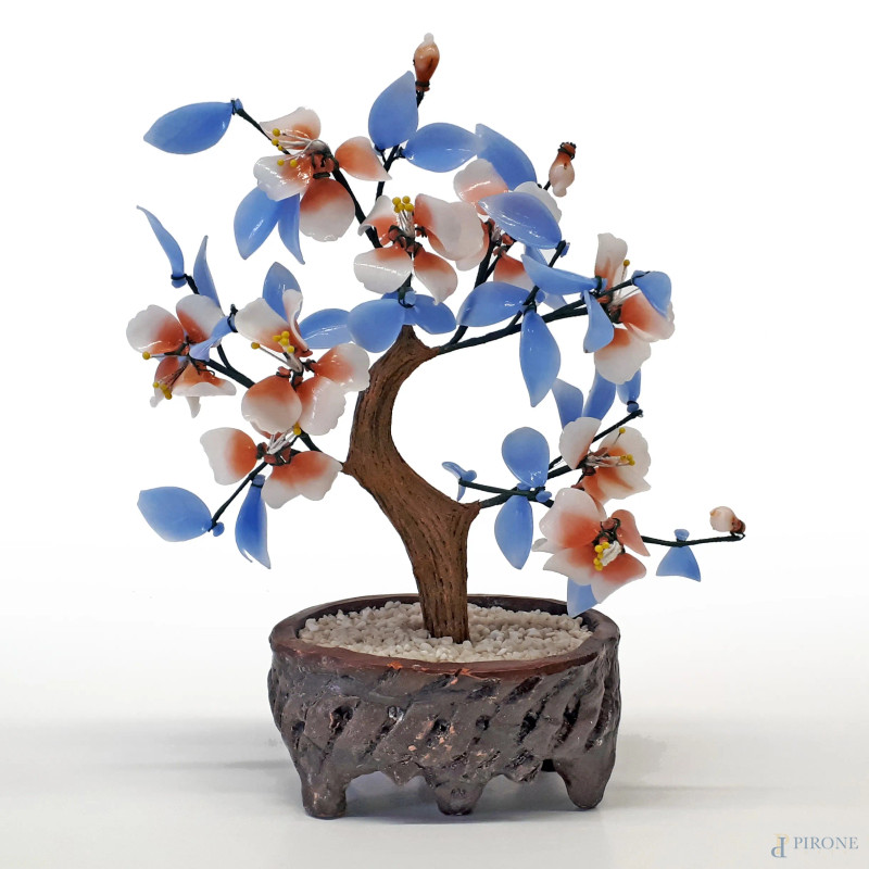 Bonsai vintage realizzato con mix di pietre dure in diverse tonalità di colore, altezza cm 35 circa, Cina popolare XX sec.,  - Asta ASTA DI ARTE MODERNA, CONTEMPORANEA E VINTAGE - Aste Pirone