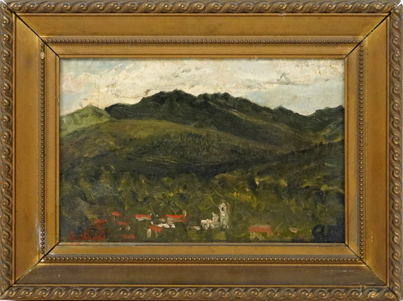 Vallata, olio su cartone, cm 20x30, siglato, entro cornice.  - Asta ASTA A TEMPO di Arte Moderna e Antiquariato - Aste Pirone