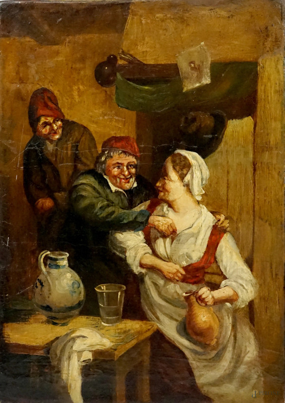 Scuola fiamminga del XIX secolo, Interno di osteria con figure, olio su tavola, cm 38x26,5, (difetti).  - Asta ASTA A TEMPO DI ANTIQUARIATO E ARTE MODERNA - Aste Pirone