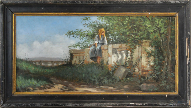 Veduta della campagna romana con figura, olio su tavola, cm 17,5x35, firmato, entro cornice.  - Asta ANTIQUARIATO E ARTE MODERNA - Aste Pirone