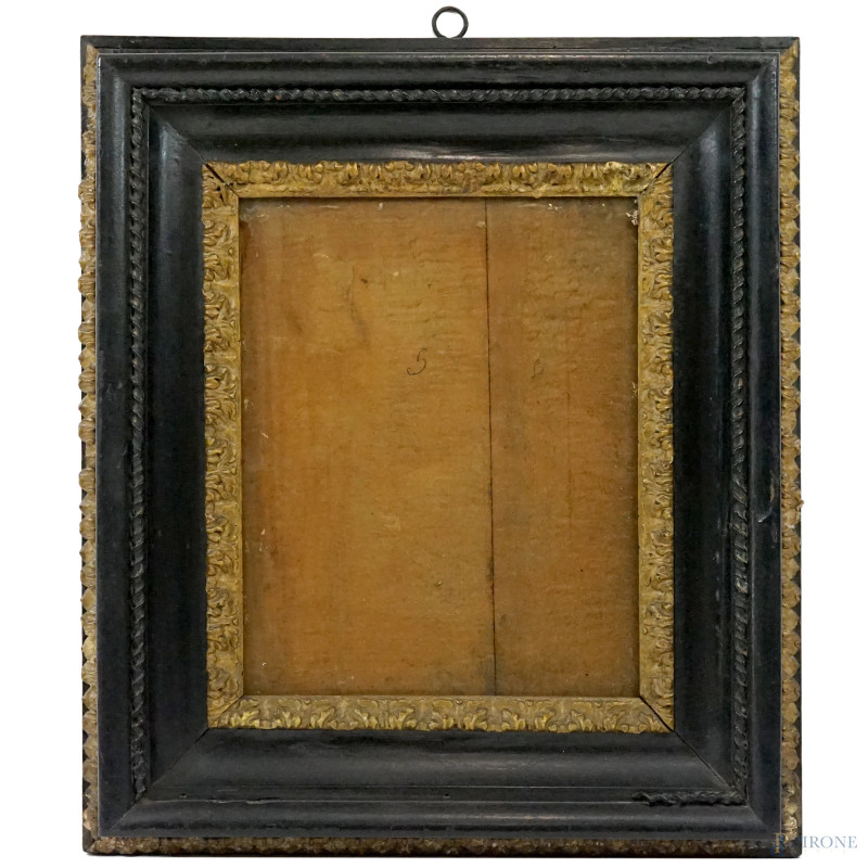 Cornice in legno ebanizzato, XIX secolo, misure ingombro cm 67,5x59,5, misure luce cm 43,5x35, (difetti e mancanze).  - Asta ASTA A TEMPO DI ANTIQUARIATO E ARTE MODERNA - Aste Pirone