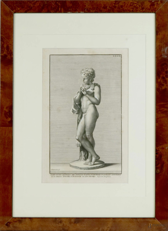 Francois Andriot (1655-1704), Satiro in età giovanile che suona il flauto, incisione, cm 30x19, entro cornice  - Asta ASTA DI ANTIQUARIATO E ARTE MODERNA - Aste Pirone