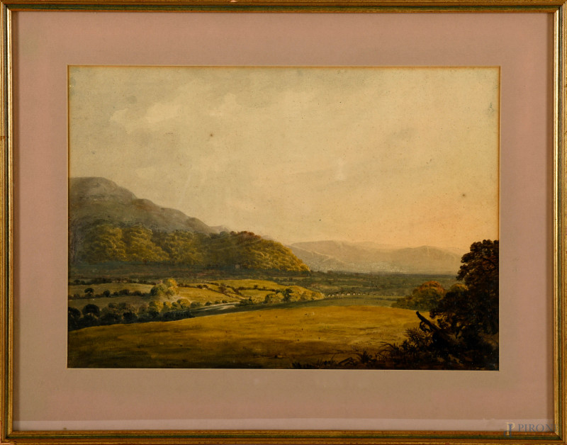 Veduta di valle, scuola inglese, XIX secolo, acquerello su carta, cm 44,5x58 compreso passepartout, entro cornice  - Asta ASTA A TEMPO | VARIÆ - Aste Pirone